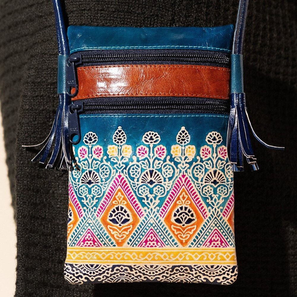 Cellphone Crossbody Bag Vibrant Artisan Hand-Painted & Embossed Genuine Leather - Picture 3 of 7